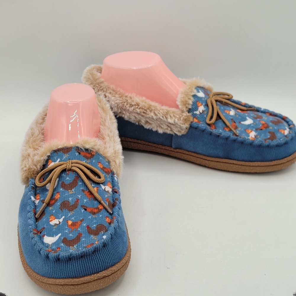 Western Chief Elaine Chicken Slippers Blue Corduroy With Faux Fur Lining Size 10